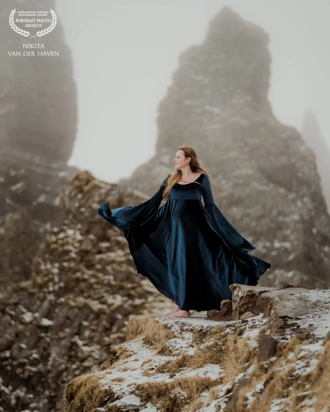 Gorgeous Marleen on top of The Old Man of Storr on the Isle of Skye in Scotland