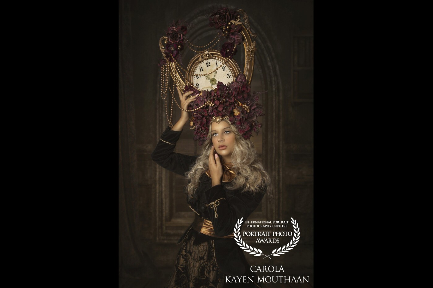 This Young model of 20 years old wears a handmade headpiece I added a clock in the picture with photoshop and made the picture in fine art style
