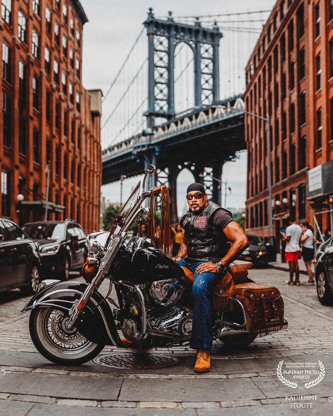 A portrait of my dad on his motorcycle in Dumbo Brooklyn. It is a Brenizer and it the result of 7 images stitched together. Shot with Nikon d810 and an ad200.