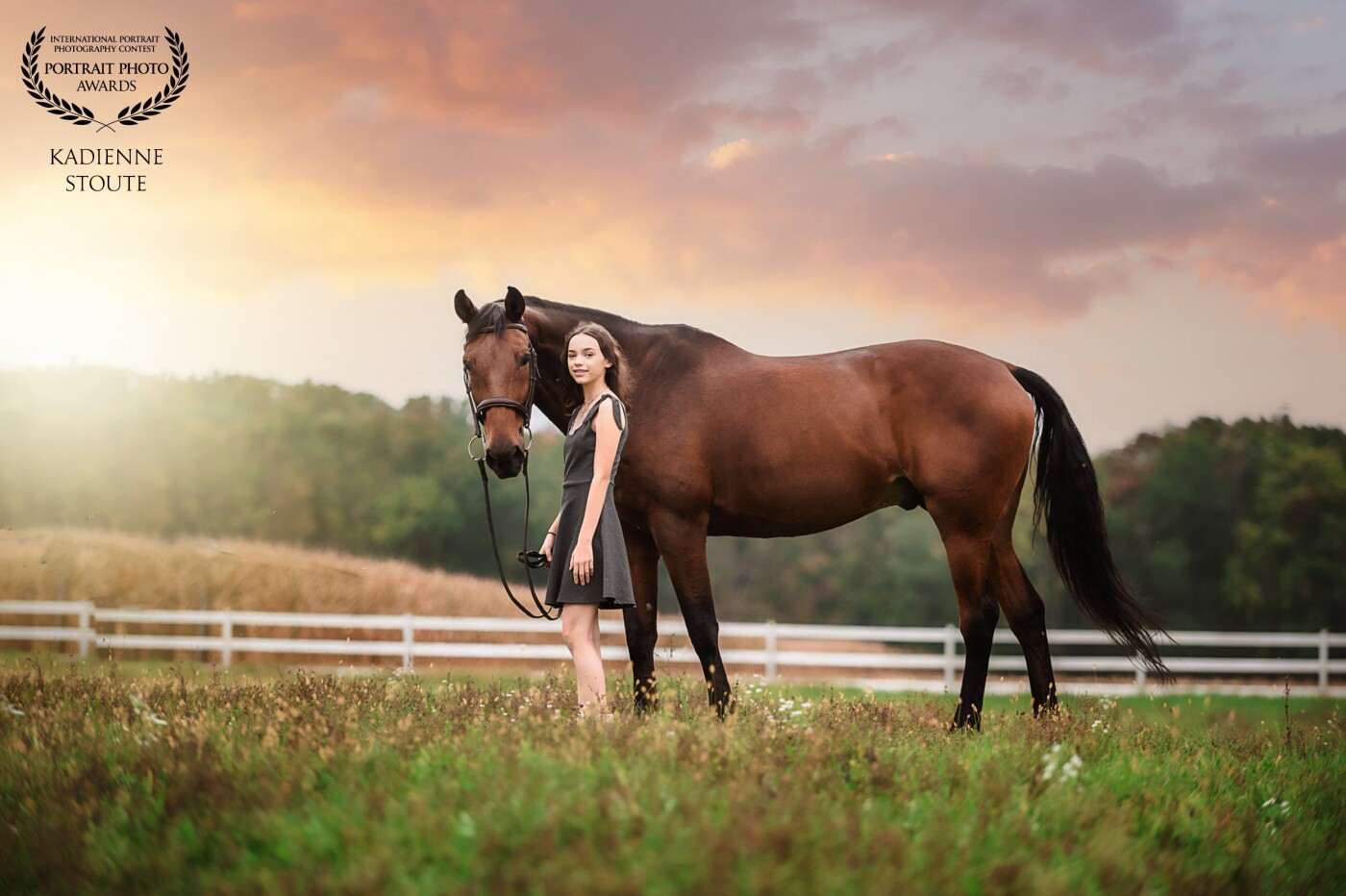 Sunset portrait of Nathalia and her warmblood Sully. Nikon Z6 shot about 4:00pm. I color graded in light room and them added the sky and sun flare in photoshop.