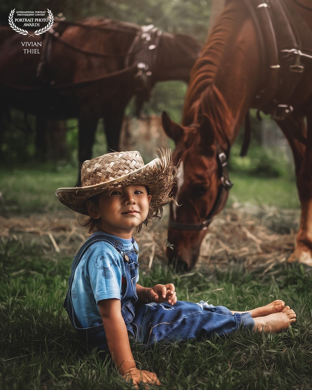 This picture was taken in the late afternoon when my son was visiting a horse farm. He was just playing with the horses.  I called his name and he turned to me,  I was able to capture the candid facial expression that I love. <br />
Nikon Z6, 50mm 1.8