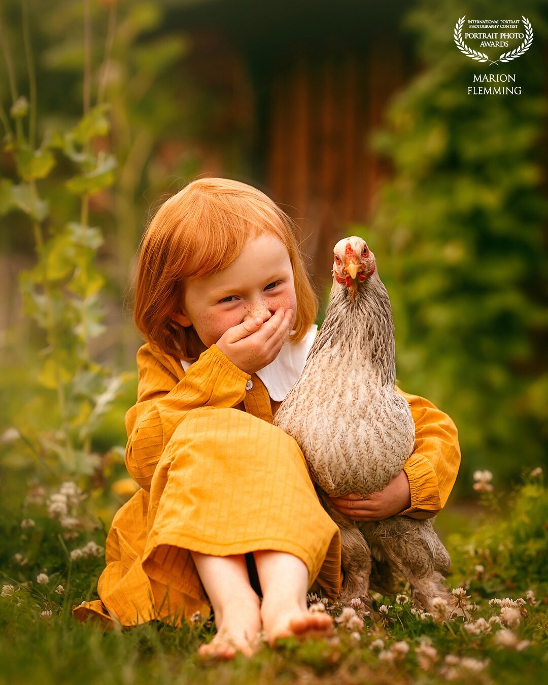 Litlle girl and her favorite pet: Henna the chicken. <br />
Taken in a private garden in the late afternoon light, wit a lot of colors in the clothing and the greens.