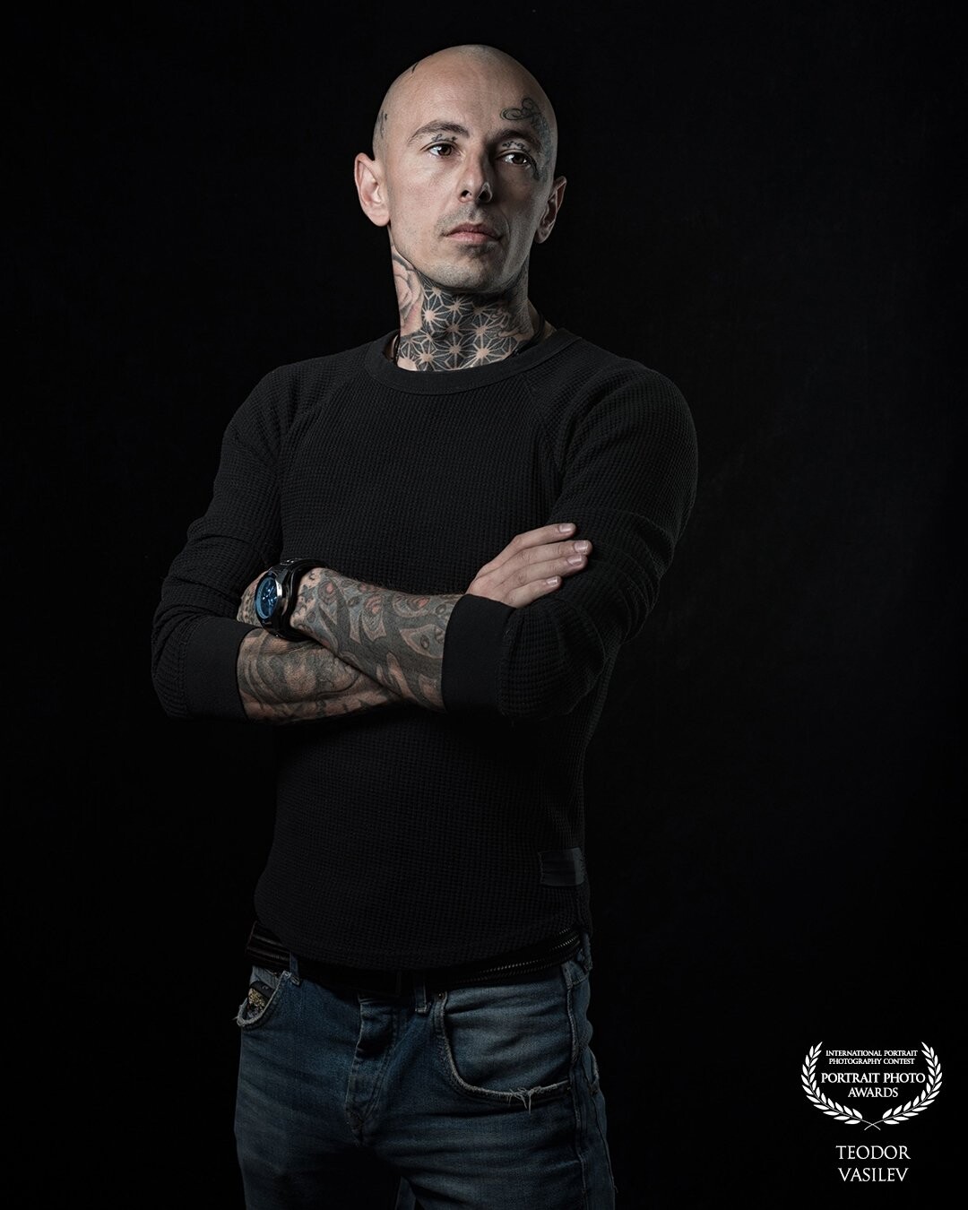 Master tattoo artist Julian Angelov from Pleven, Bulgaria. A photo from his comercial  photoshoot. Low key portrait, dramatic look as requested by him.