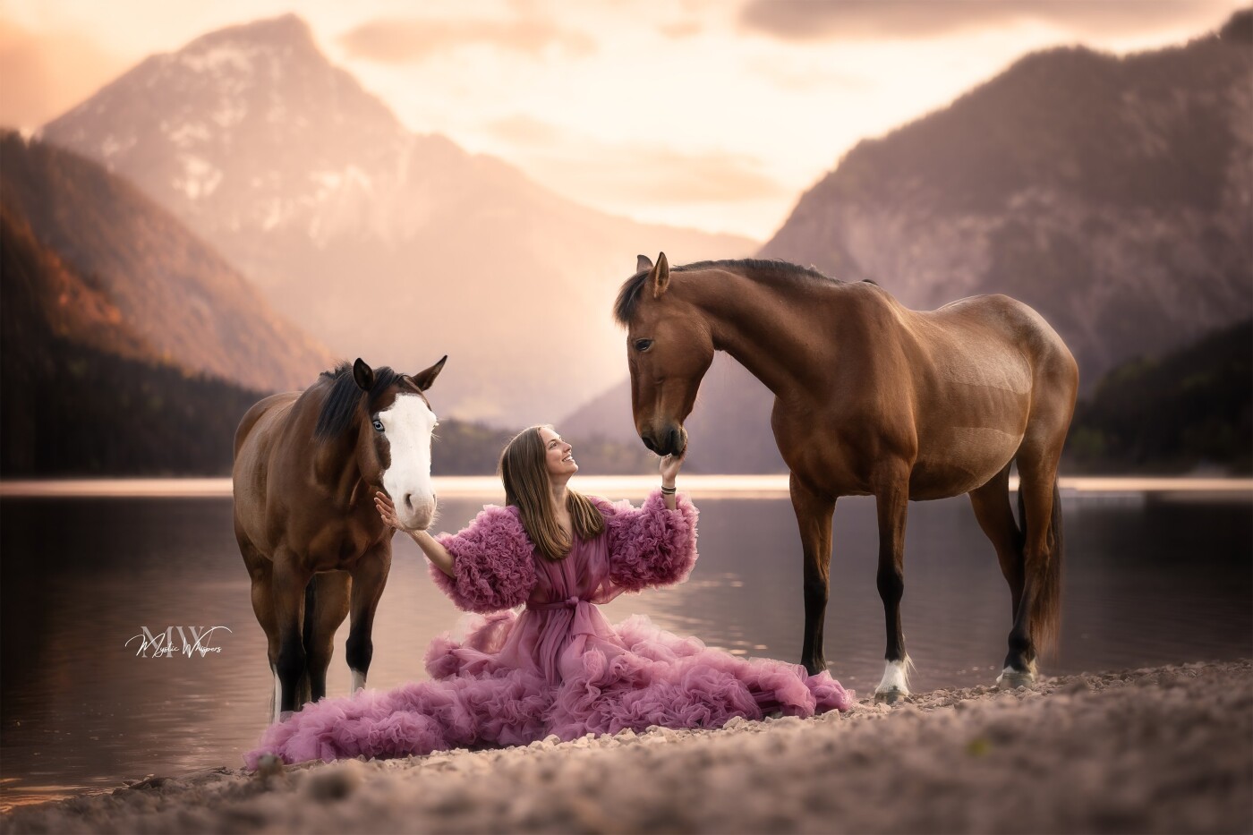 On the quiet shores of Lake Plansee, bathed in the gentle morning light, a moment of pure harmony un...