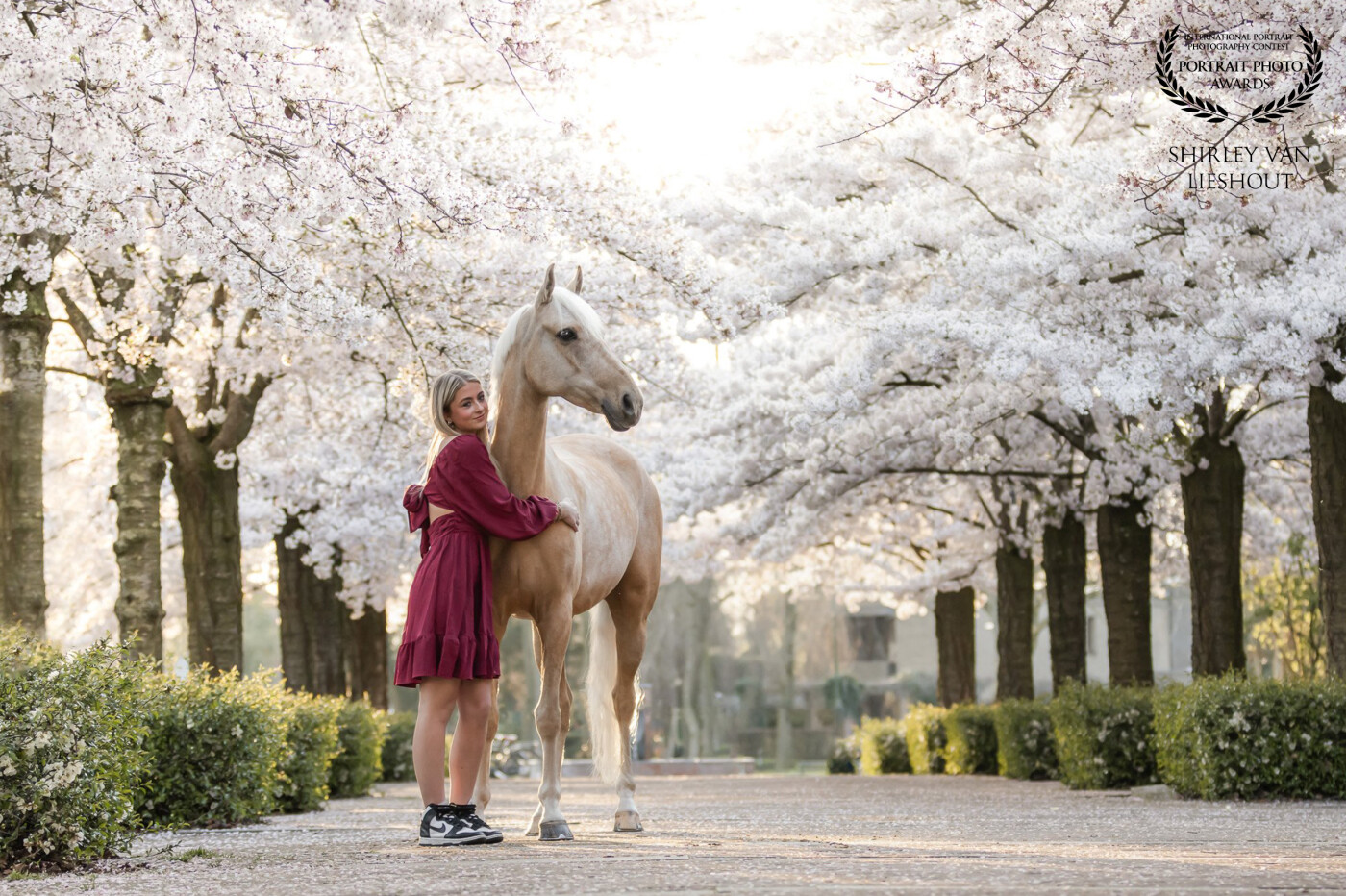 Romee with her Palomino horse Royal underneath the blossoming trees. They are so gorgeous together!